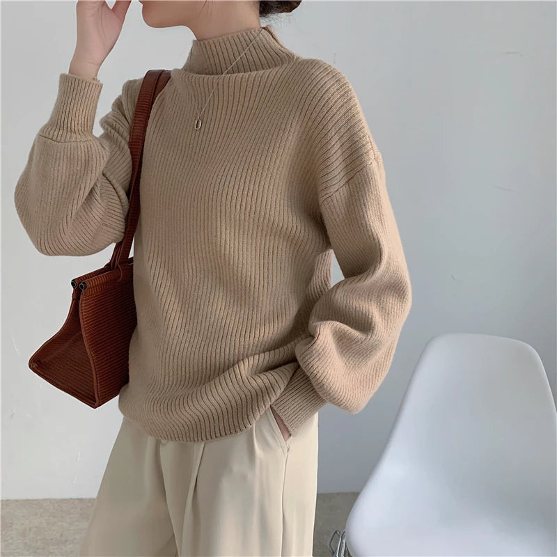 Lantern Sleeve Sweater Women Turtleneck Office Lady