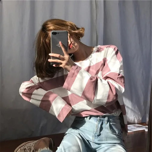 Harajuku Women Long Sleeve T-Shirts Korean Stripe Autumn