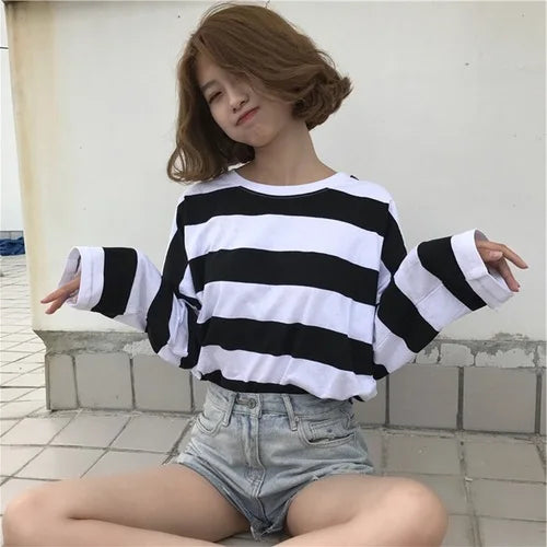 Harajuku Women Long Sleeve T-Shirts Korean Stripe Autumn