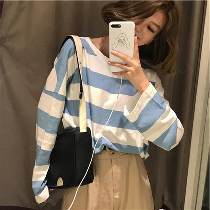 Harajuku Women Long Sleeve T-Shirts Korean Stripe Autumn