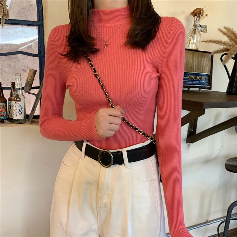 Solid Color Turtleneck Women Autumn Winter Knitted Sweaters