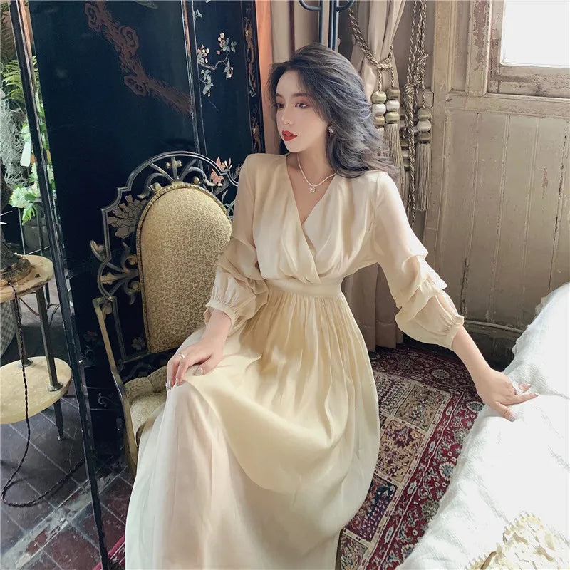 French Sweet V-neck Slim Waist Women Dresses