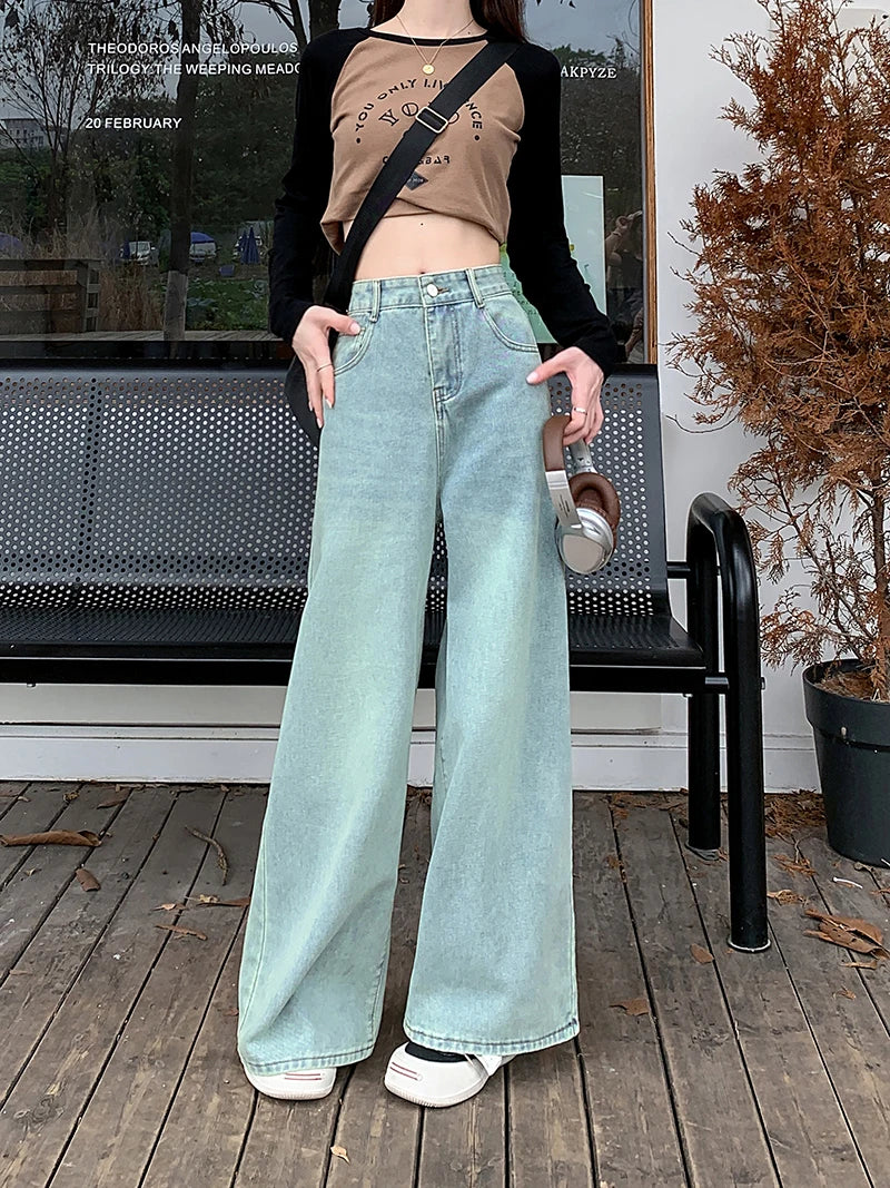 Blue High Waist Loose Slim Female Jeans Autumn New Straight