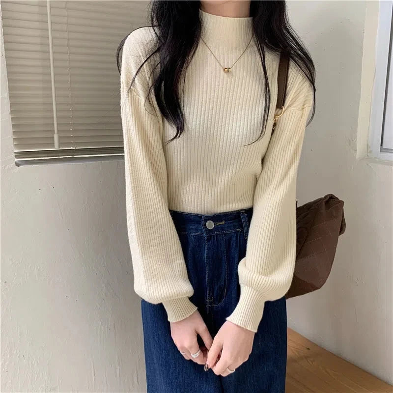 Lantern Sleeve Sweater Women Turtleneck Office Lady