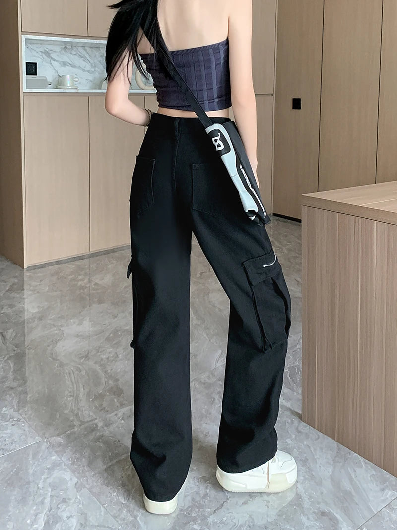 High Waist Fashion Drawstring Slim Cargo Jeans Women American