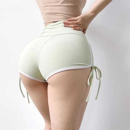 High Waist Sports Workout Shorts Women Bandage Shirring Skinny