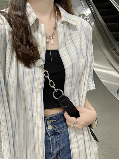 Summer New Vertical Striped  Slim Women Shirt Ladies Sweet