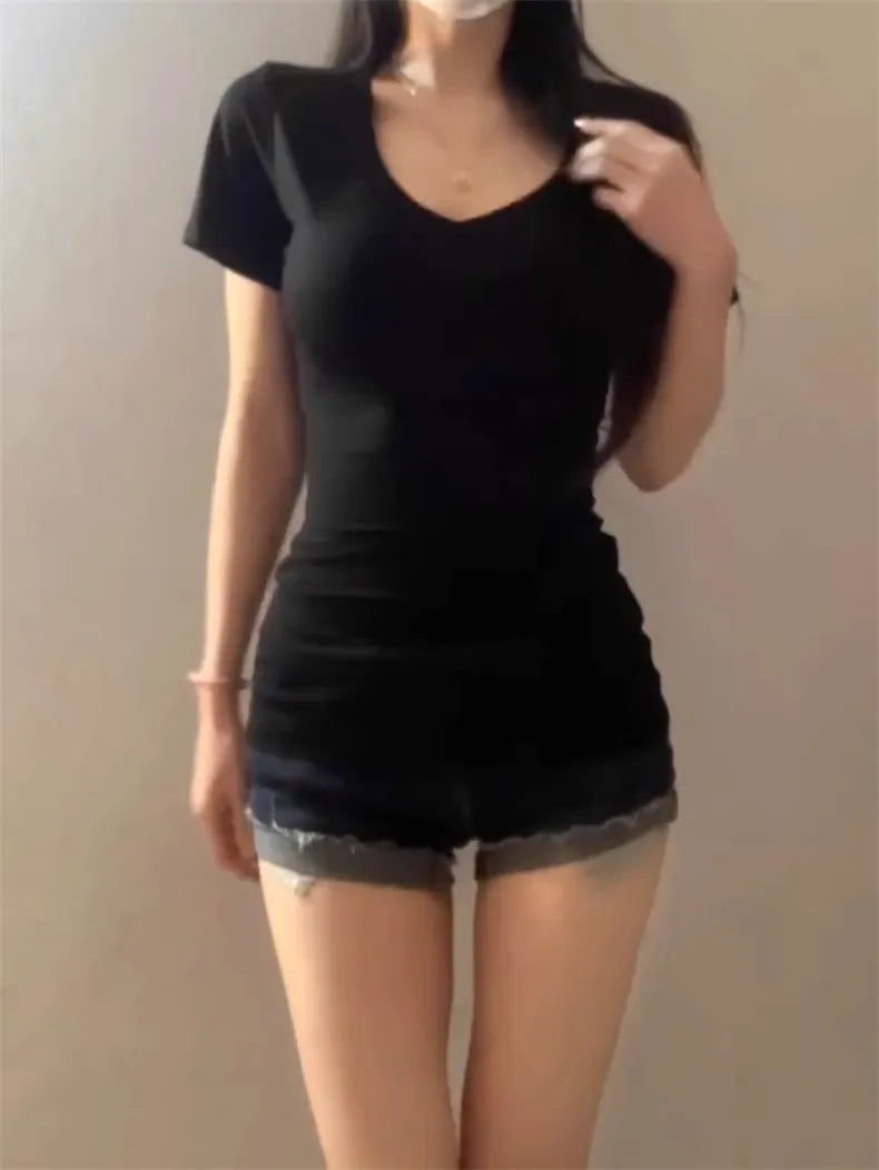 Summer New Solid Color Slim Women T-shirt