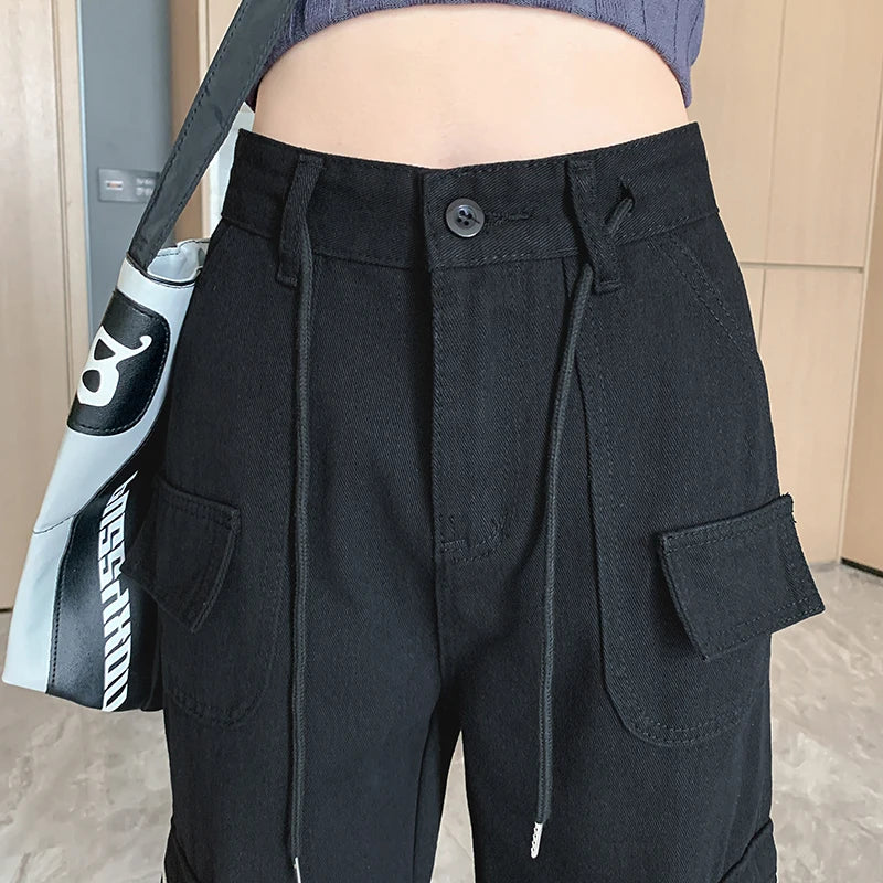 High Waist Fashion Drawstring Slim Cargo Jeans Women American