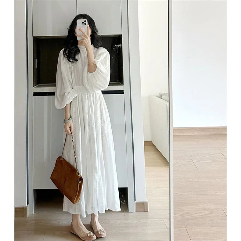 New Spring French Long-sleeved White Dress