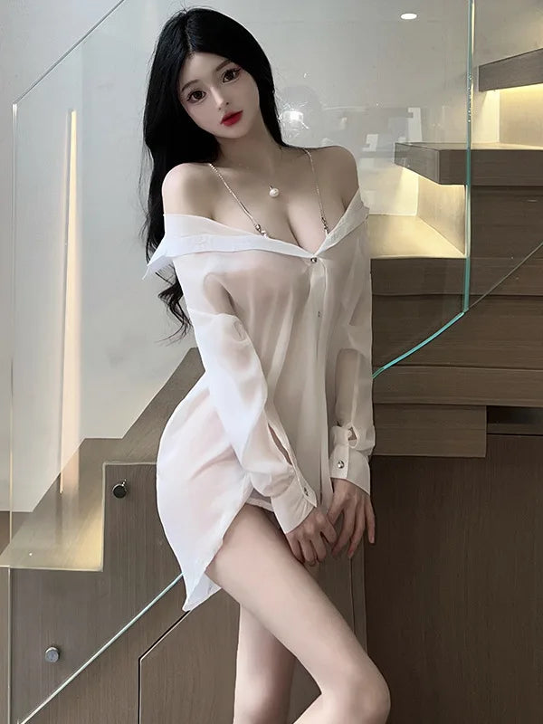 Women Loose Casual Shirts Mini Dress V Neck Hot Sexy Korean Women 2024