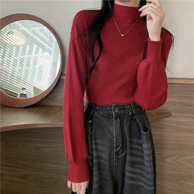 Lantern Sleeve Sweater Women Turtleneck Office Lady