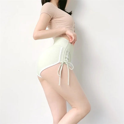 High Waist Sports Workout Shorts Women Bandage Shirring Skinny