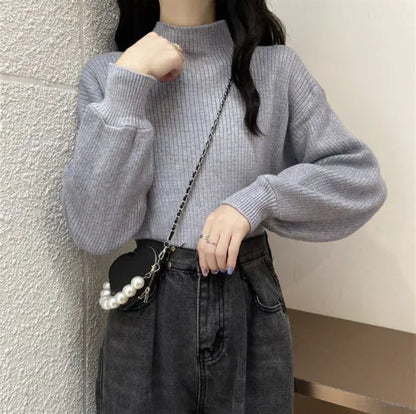 Lantern Sleeve Sweater Women Turtleneck Office Lady