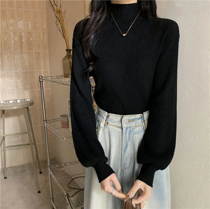 Lantern Sleeve Sweater Women Turtleneck Office Lady