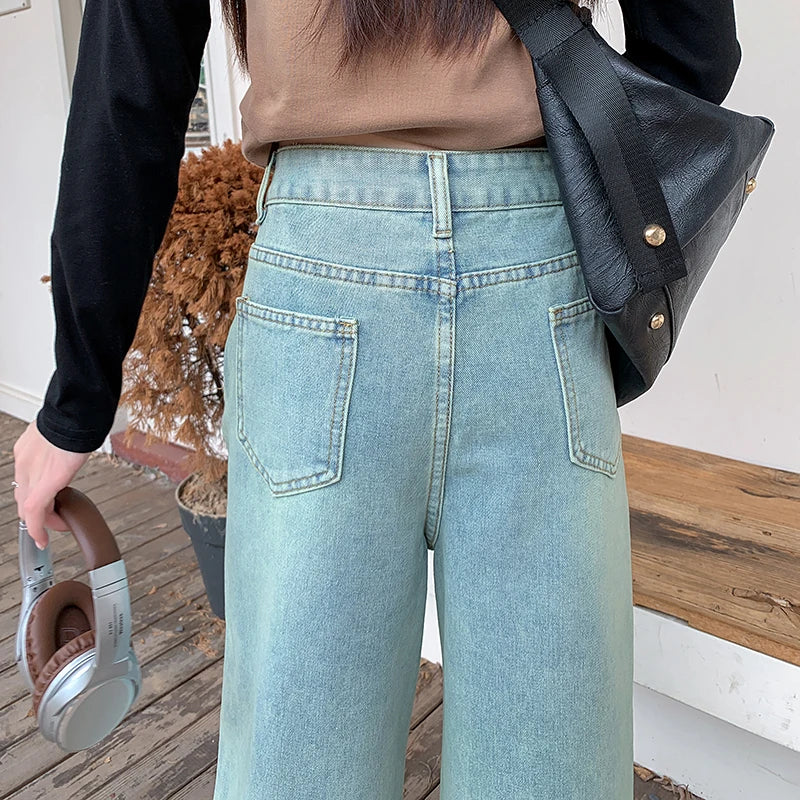 Blue High Waist Loose Slim Female Jeans Autumn New Straight