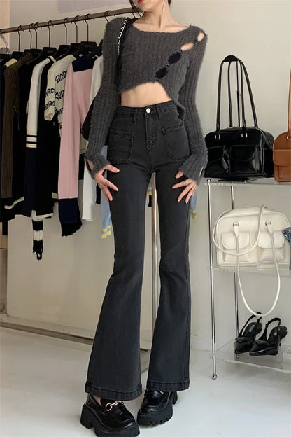 Black High Waist Flare Jeans Female Autumn Korean