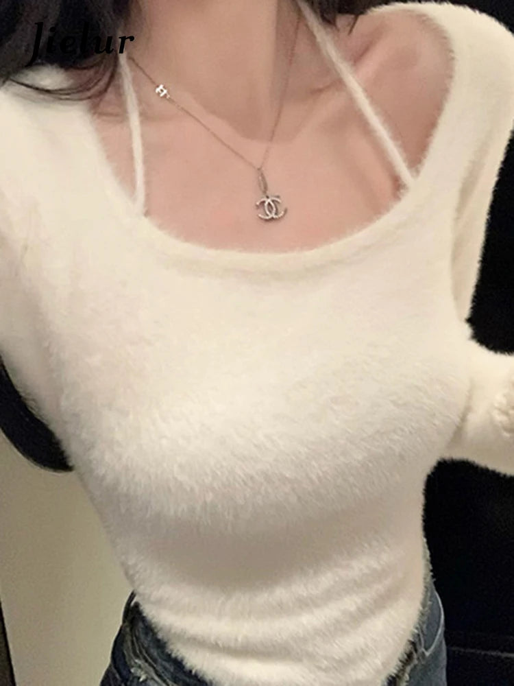 Autumn New Sweet Sexy Solid Color Pullovers Woman Casual Slim Knitted