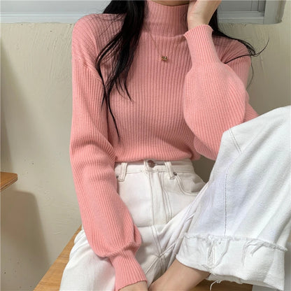 Lantern Sleeve Sweater Women Turtleneck Office Lady