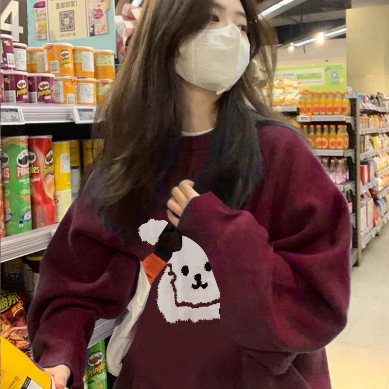 Korean Black Burgundy Hoodies Women Warm Fleece