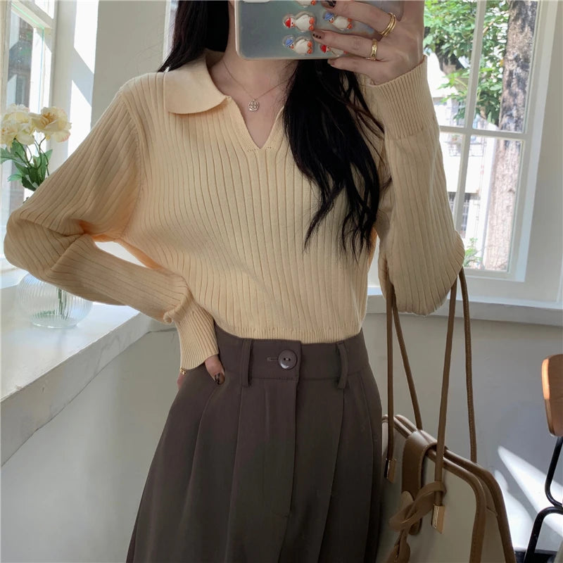 New Solid Color Slim Pullovers Woman Sweet Ladies Street Women's