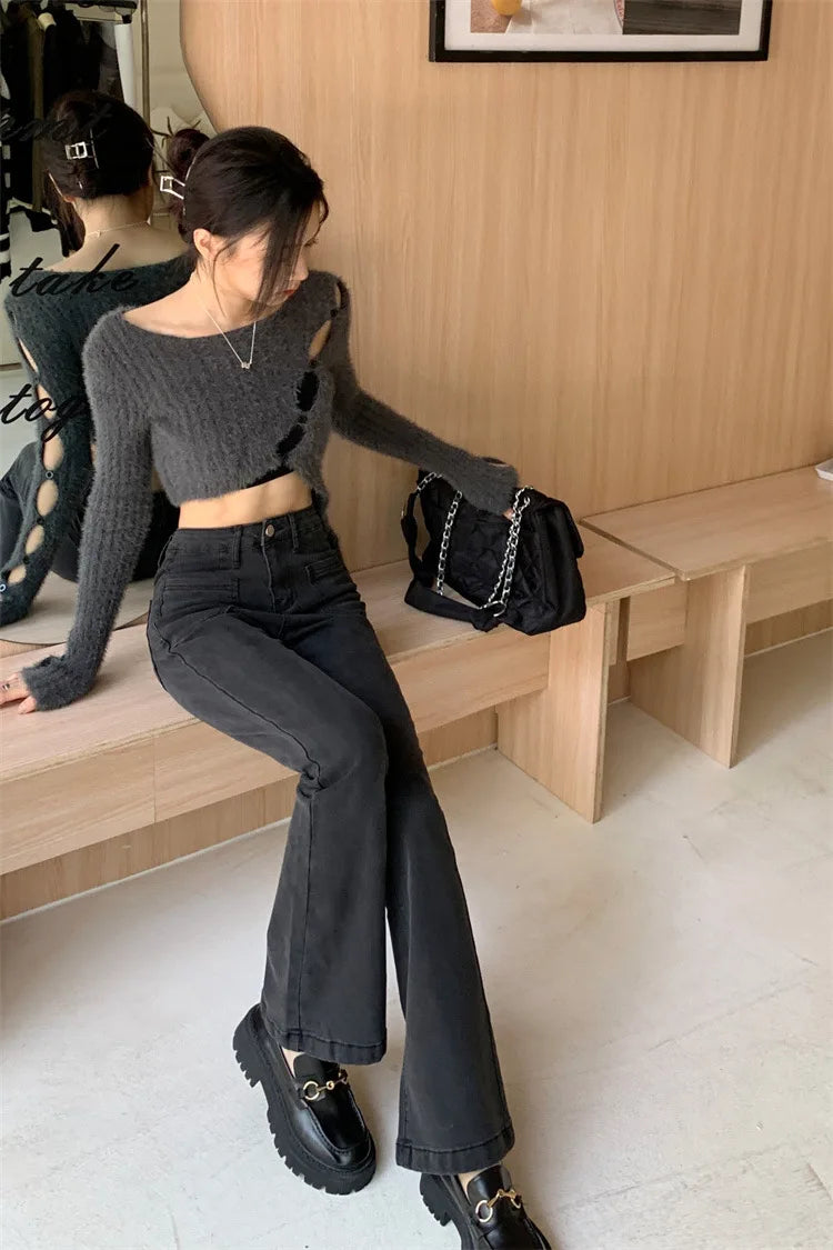 Black High Waist Flare Jeans Female Autumn Korean