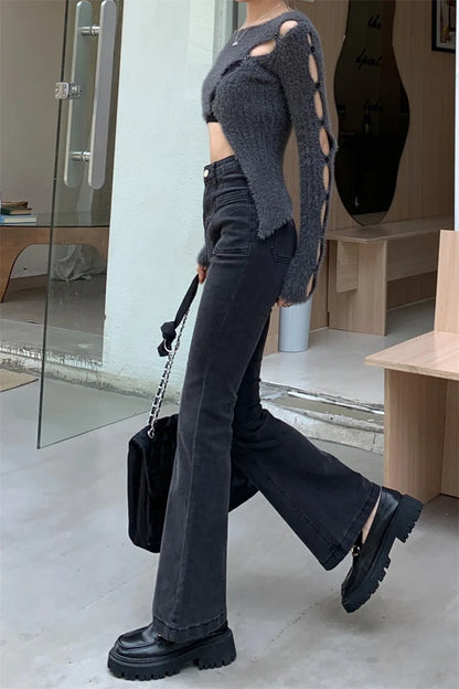 Black High Waist Flare Jeans Female Autumn Korean