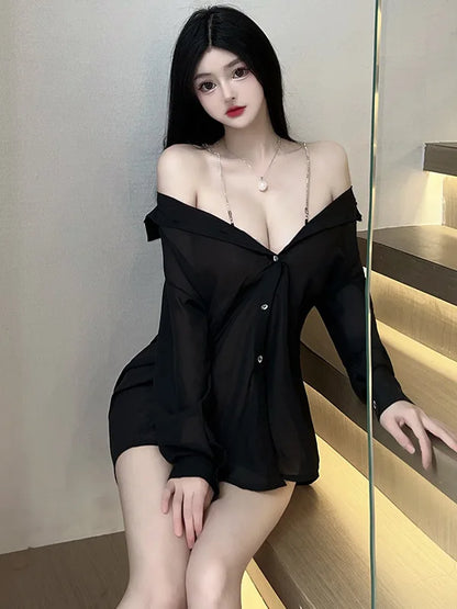 Women Loose Casual Shirts Mini Dress V Neck Hot Sexy Korean Women 2024