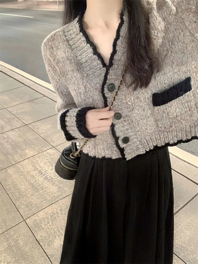 Grey Elegant V-neck Knitting Sweater Women Cardigan