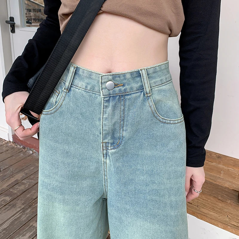 Blue High Waist Loose Slim Female Jeans Autumn New Straight