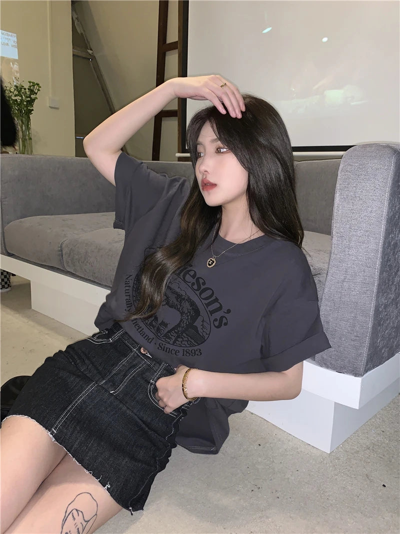 Gray Short Sleeve Tees Female Harajuku Streetwear T-shirts