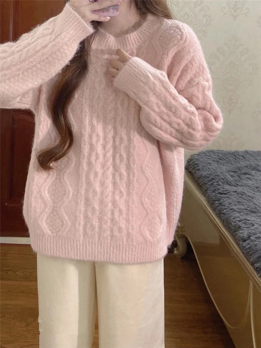 Autumn Sweet Ladies Elegant Knitted Pullovers Woman New Solid Color