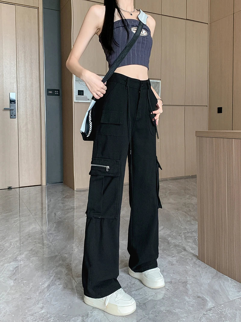 High Waist Fashion Drawstring Slim Cargo Jeans Women American