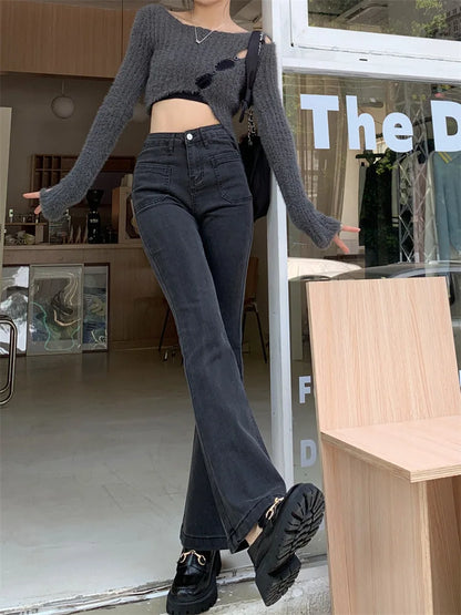 Black High Waist Flare Jeans Female Autumn Korean