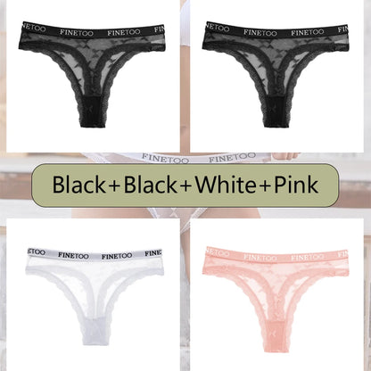 4Pcs Sexy Women's Lace Bikini Thongs Low-waist Letter