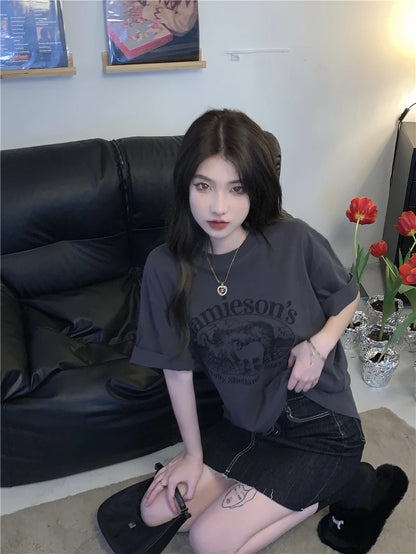 Gray Short Sleeve Tees Female Harajuku Streetwear T-shirts