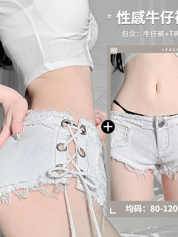 skinny slim bandage shorts hot sexy ultrashort white Denim shorts low waist