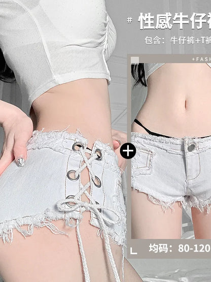 skinny slim bandage shorts hot sexy ultrashort white Denim shorts low waist