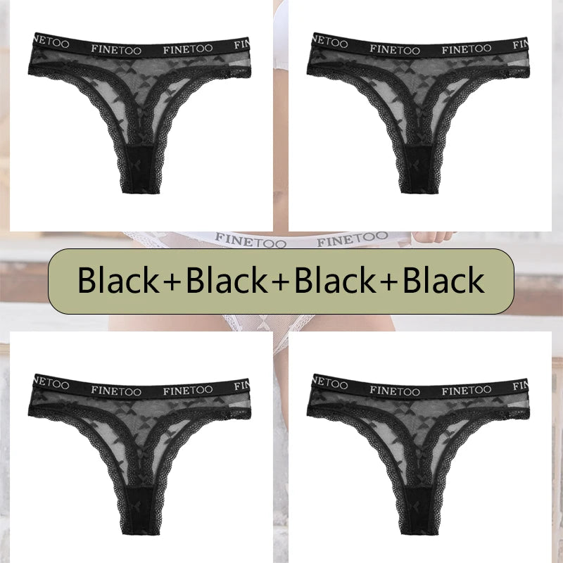 4Pcs Sexy Women's Lace Bikini Thongs Low-waist Letter