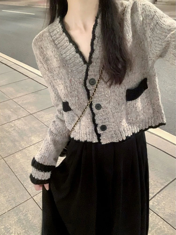 Grey Elegant V-neck Knitting Sweater Women Cardigan