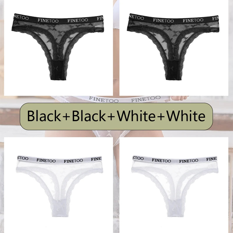 4Pcs Sexy Women's Lace Bikini Thongs Low-waist Letter