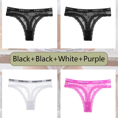 4Pcs Sexy Women's Lace Bikini Thongs Low-waist Letter