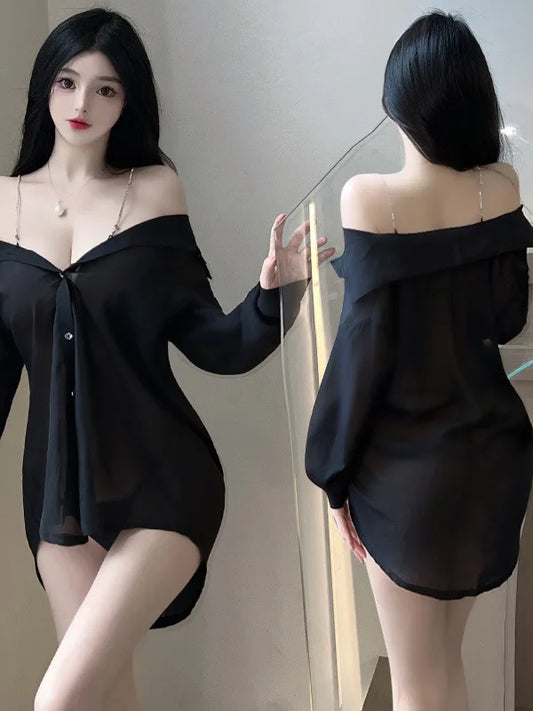 Women Loose Casual Shirts Mini Dress V Neck Hot Sexy Korean Women 2024